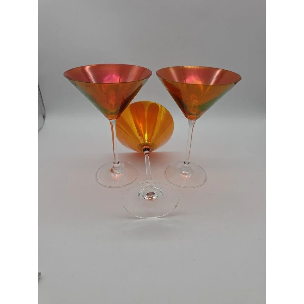 Vtg Pier 1 Slovakia Martini Glasses Stemware 3 Luster Cranberry Amber